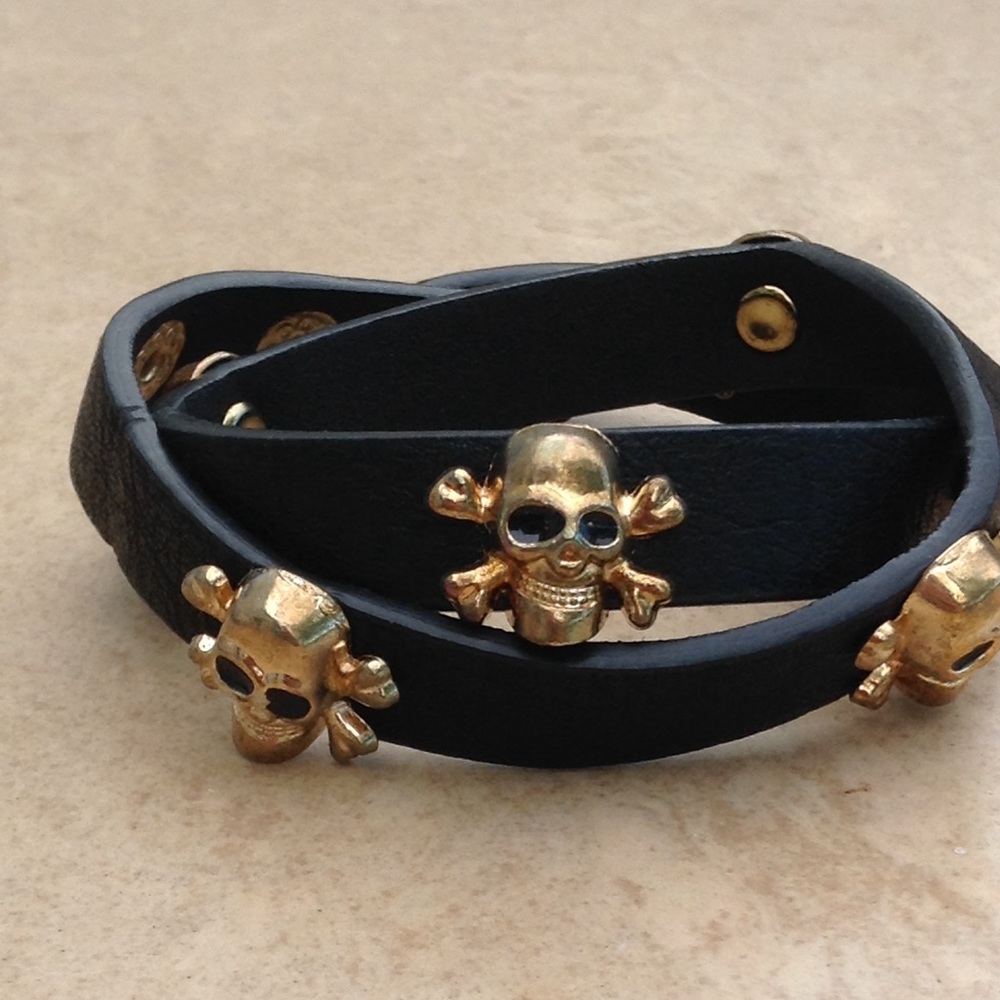 Black Pleather Skull Double Wrap Bracelet